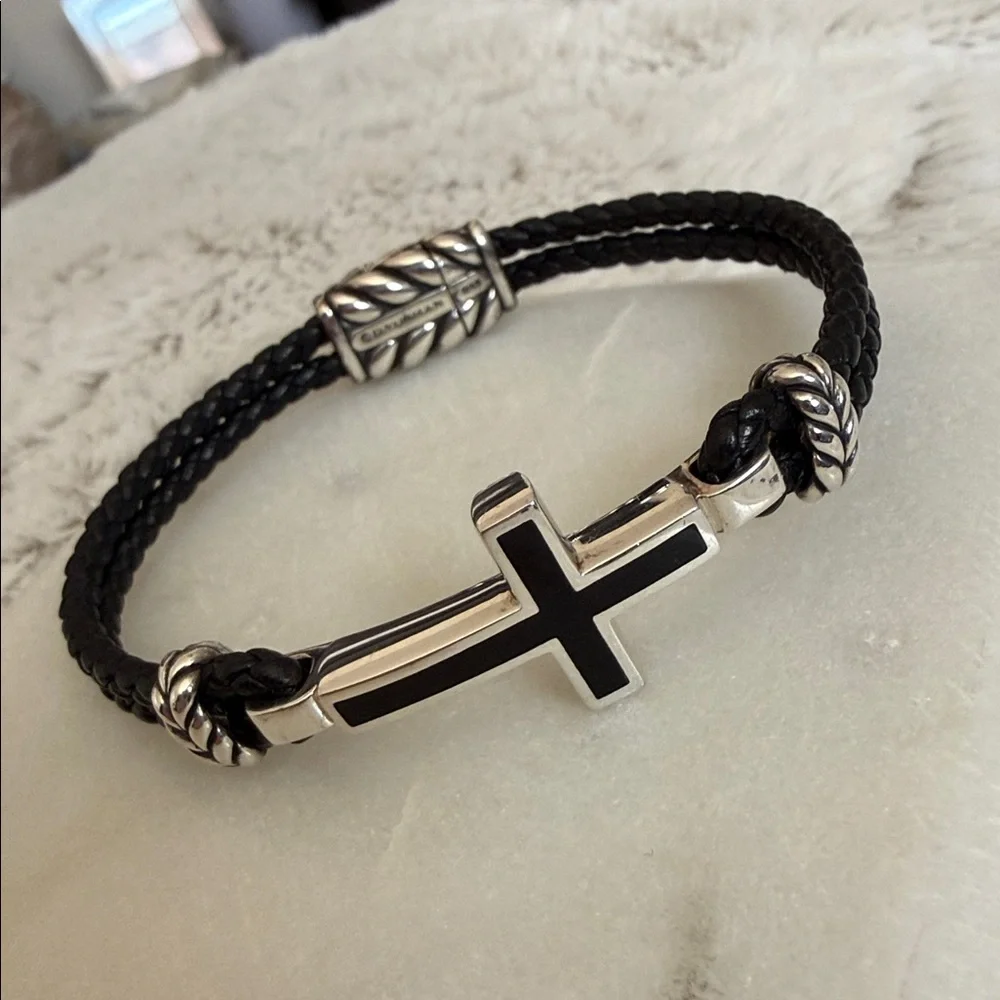 David Yurman Black Leather Bracelet with Silver Cross Accent